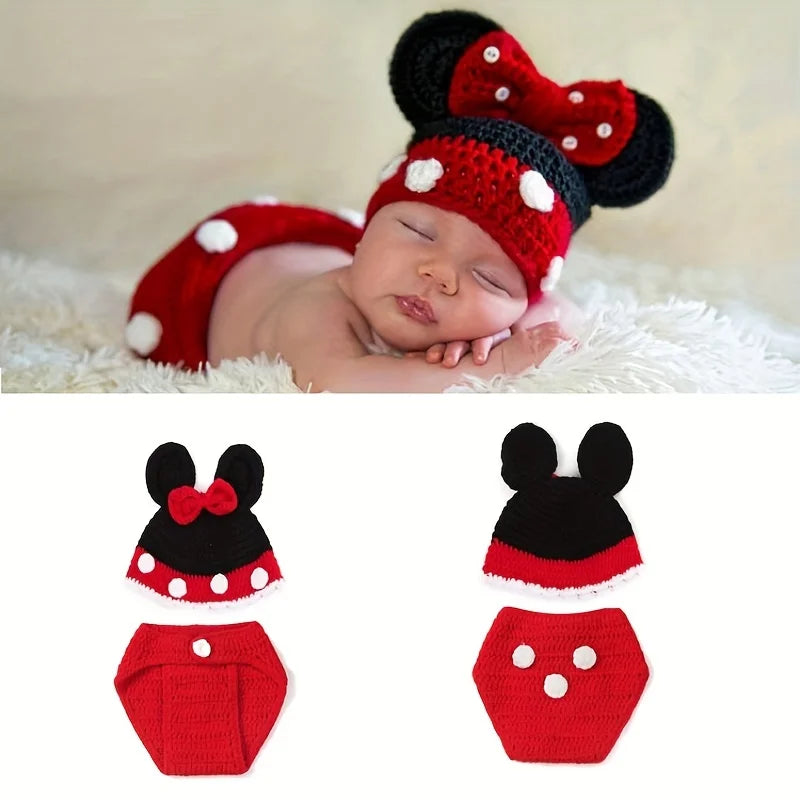 Newborn Party Costume，Easter Red Mouse Suit，Newborn Baby Photography Props Boy Girl，Crochet Knitted Hat Diaper Pants Outfits