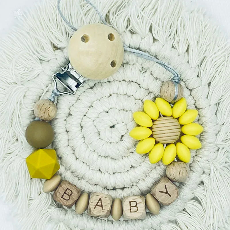 Baby Custom Name Silicone Beads Flower Ring Pacifier Clips Safe Teething Chains Teether Eco-friendly Dummy Beech Clips Holder