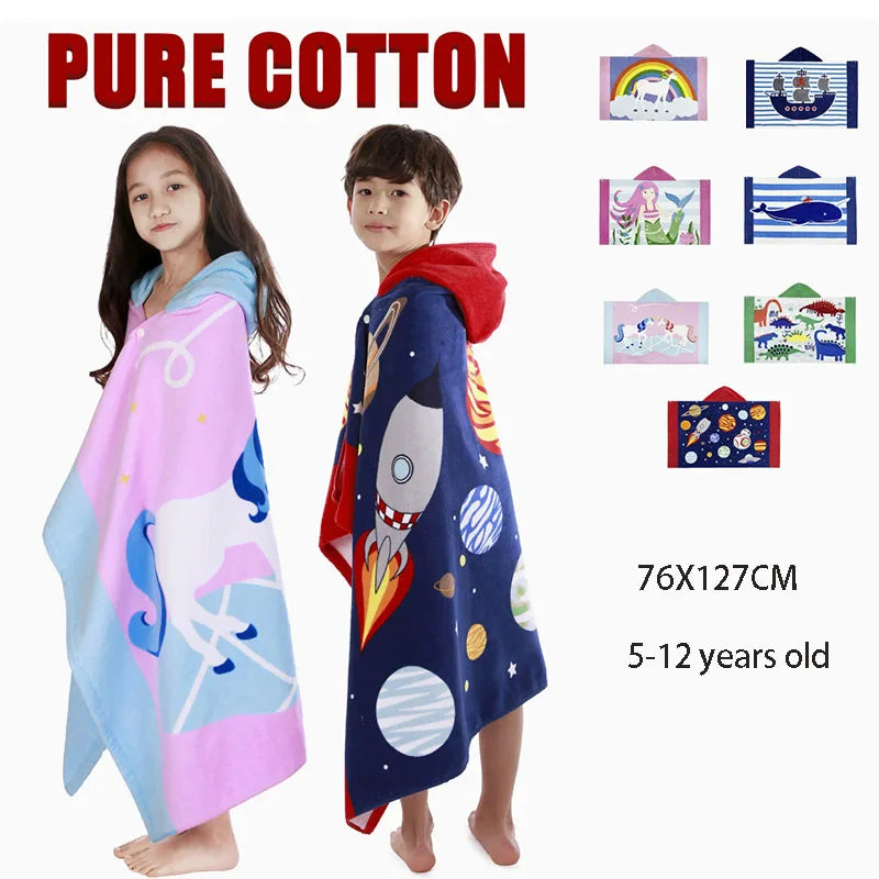 Cotton Kids Hooded Bath Towel Beach Vacations Swimming Children Cartoon Cloak Bathrobe Hooded Bath Towels for Boys Girls