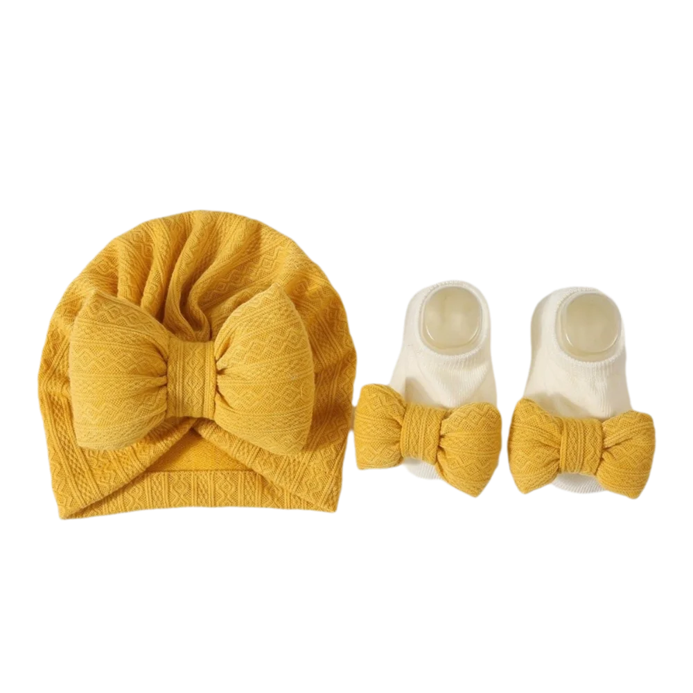 3Pcs/Set Soft Bow Baby Hat Socks Set Cotton Solid Color Baby Fetal Cap 0-12 Months Windproof Newborn Turban Hat Toddler