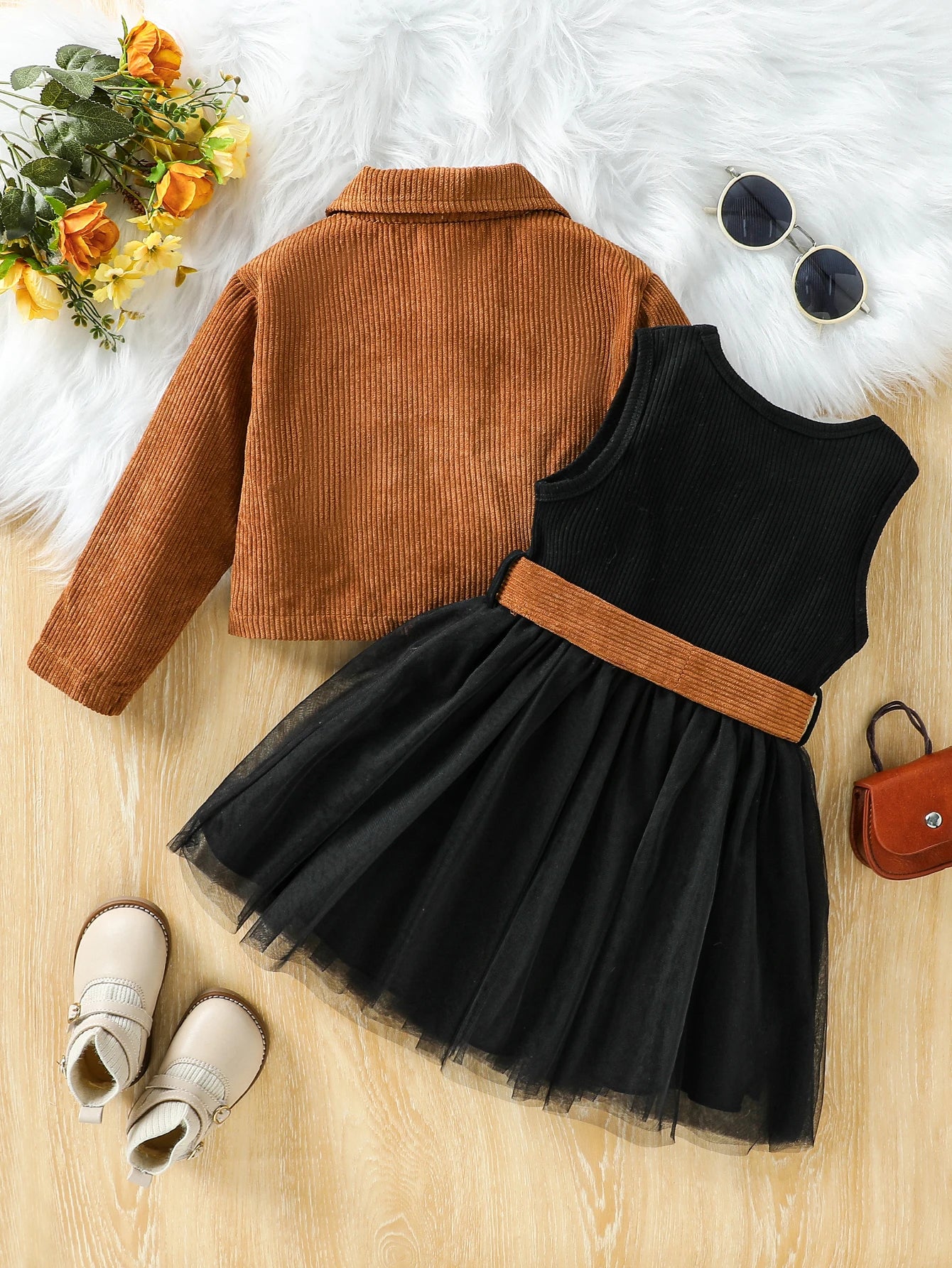 Kids Girls' Fall/Winter Outfit Set Dress With Long Sleeve Solid Jacket Coat Children Clothes For 1-6Y Active Suit