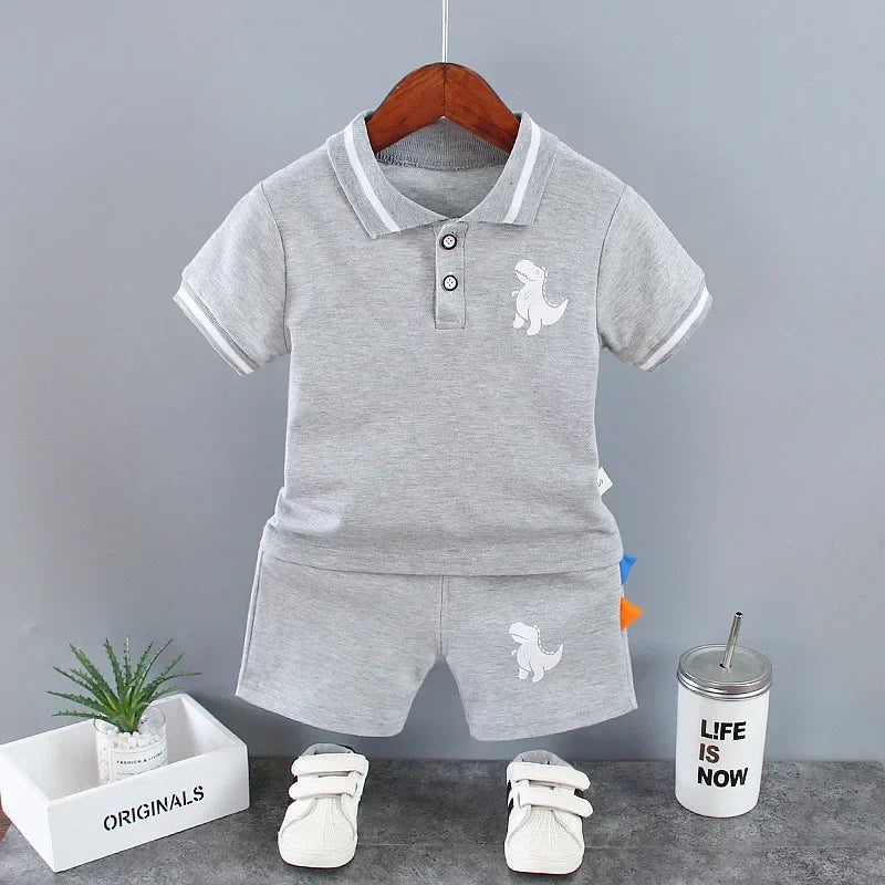 Summer Kids Outfits Baby Boys Clothes Set Dinosaur Printed Turn-down Collar T-Shirts Tops+ Shorts 2PCS/Suit Infant Clothing Sets