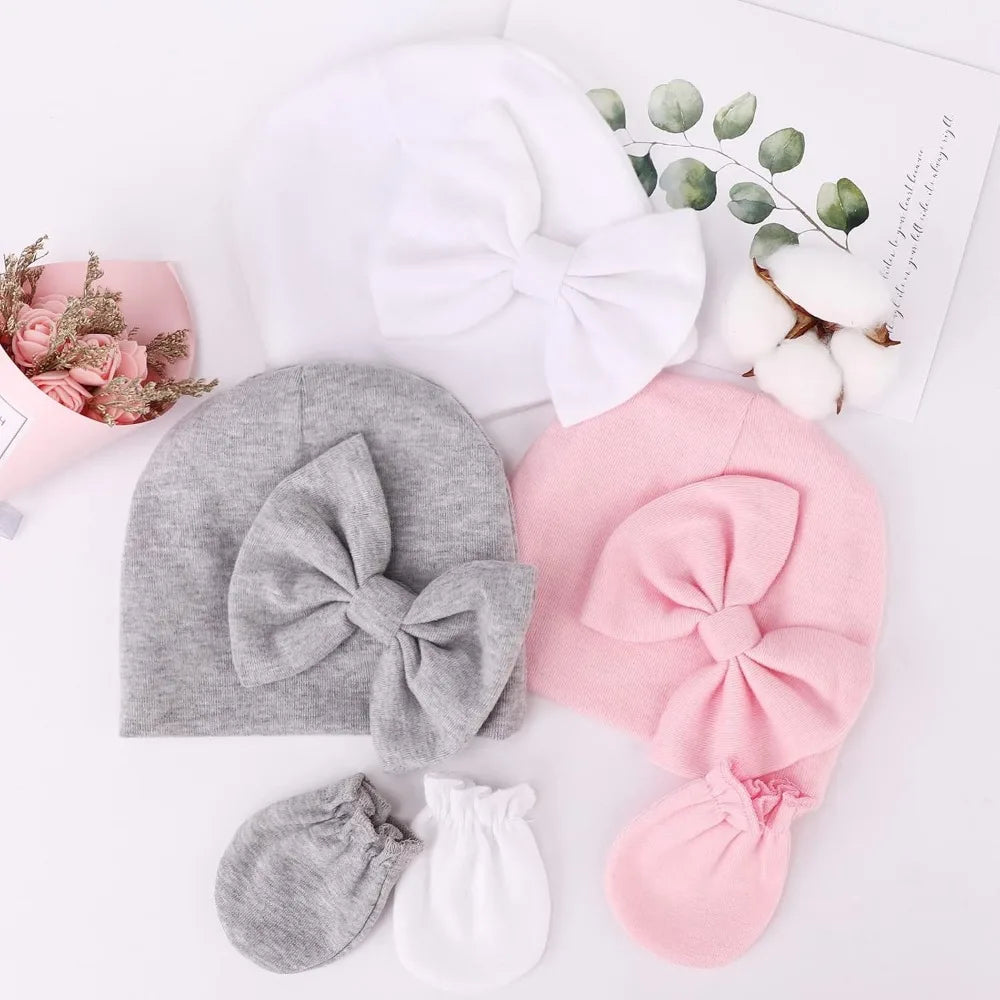 6Pcs/Set Newborn Bow Baby Hat & Scratch Mittens Set, Baby Cute Covered Hat, Headwear Accessories, Perfect Gift for Baby's Birth