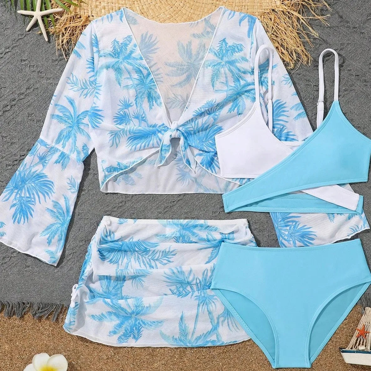 4 Pieces Bikini Top & Skirt 2025 Girls Swimsuit Kids High Waist Swimwear Children Bathers Bathing Swimming Swim Suit Beachwear
