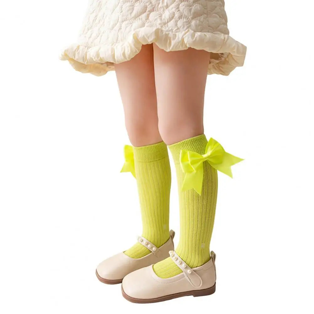 Cute Cartoon Kids Stockings Bow Knee High Cotton Socks Cotton Long Socks Breathable Mid-Calf Socks for Toddler 3-12Y