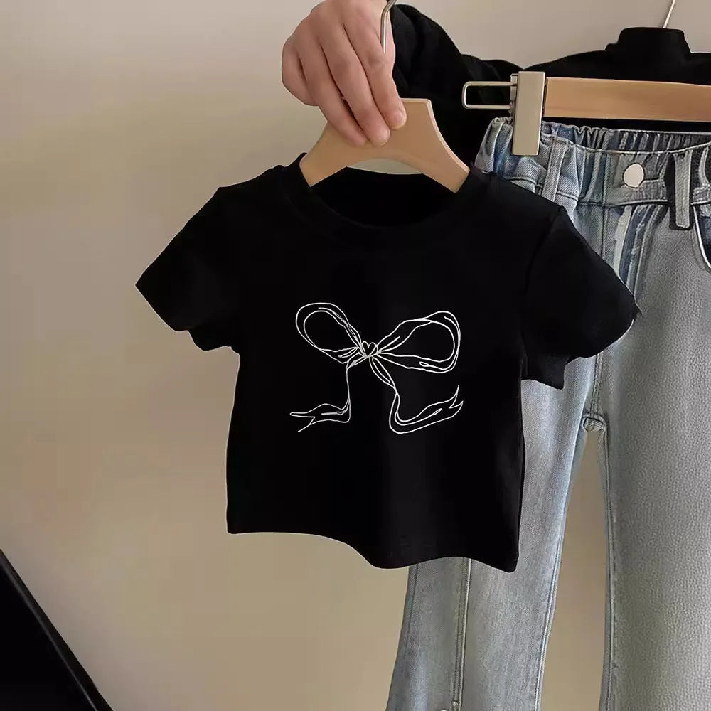 Children's Clothing Sets Bow Short Sleeve T-shirt Top + Beaded Slit Jeans Girls Clothes Set 3 To 7 Years Kids Boutique Clothes