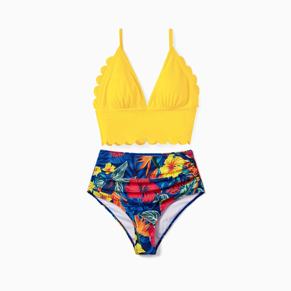 Family Matching Swimwear Set, Sexy Plants Floral Design, Fabric Stitching, Medium Thickness