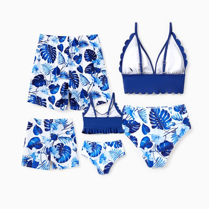 Family Matching Blue Tropical Leaf Swimwear Set Dad Boy Board Shorts & Mom Girl Bikini Sets