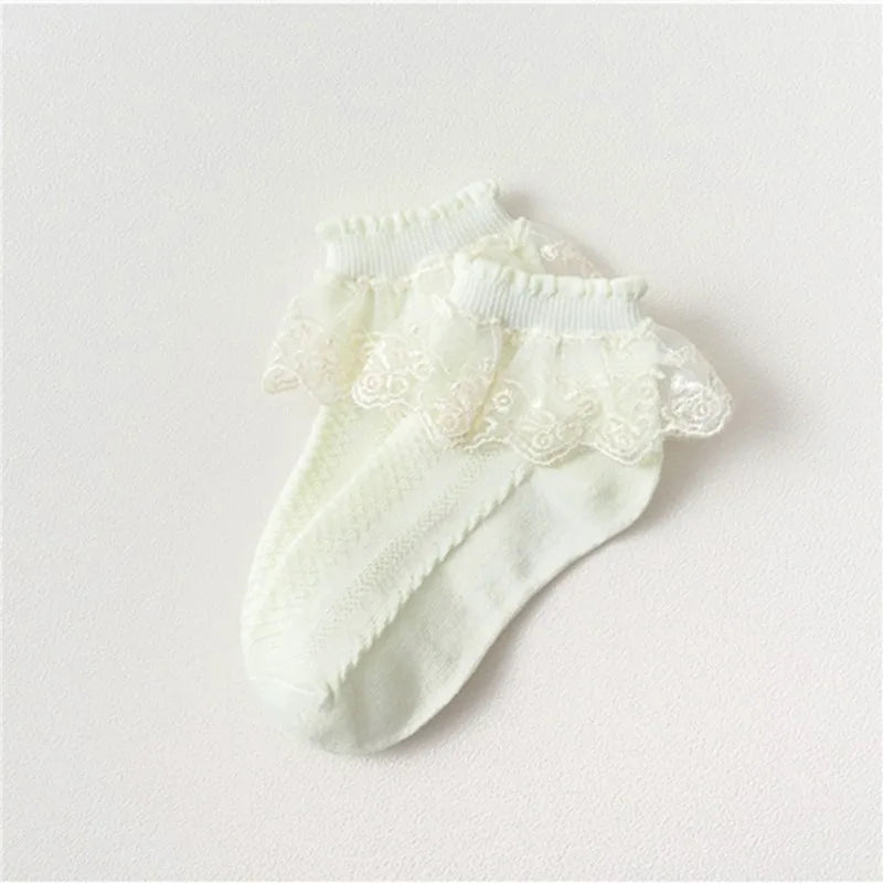 2Pairs Cotton Lace Ruffle Princess Mesh Breathable Socks Children Ankle Short Sock White Pink Blue Baby Girls Kids Toddler