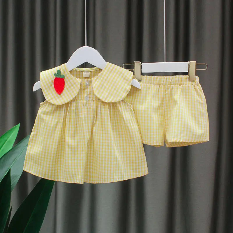 2025 Summer Children's Clothes Kids Girls Clothes Fruit Plaid T-Shirt+Shorts Pants Casual Loose Baby Outfit Sets Toddler Pajamas