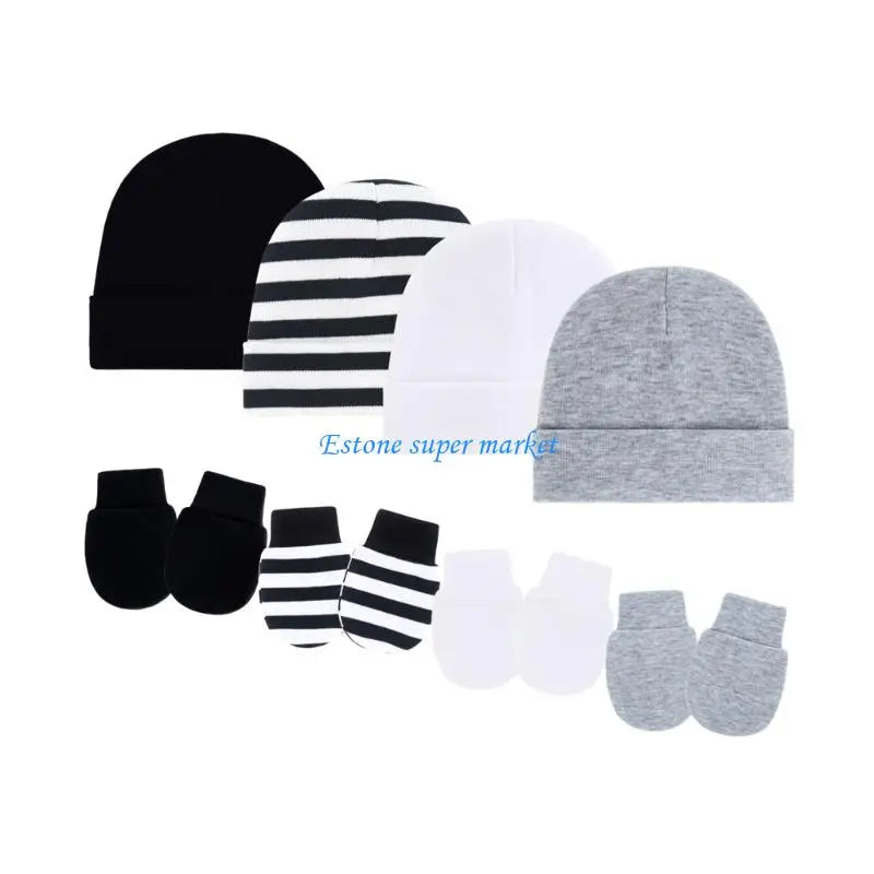 090B 4 Set Newborns Bonnet Cap and Mittens Machine Washable Baby Fetal Hat Gloves for 0 to 3 Month Soft Fabric Headgear