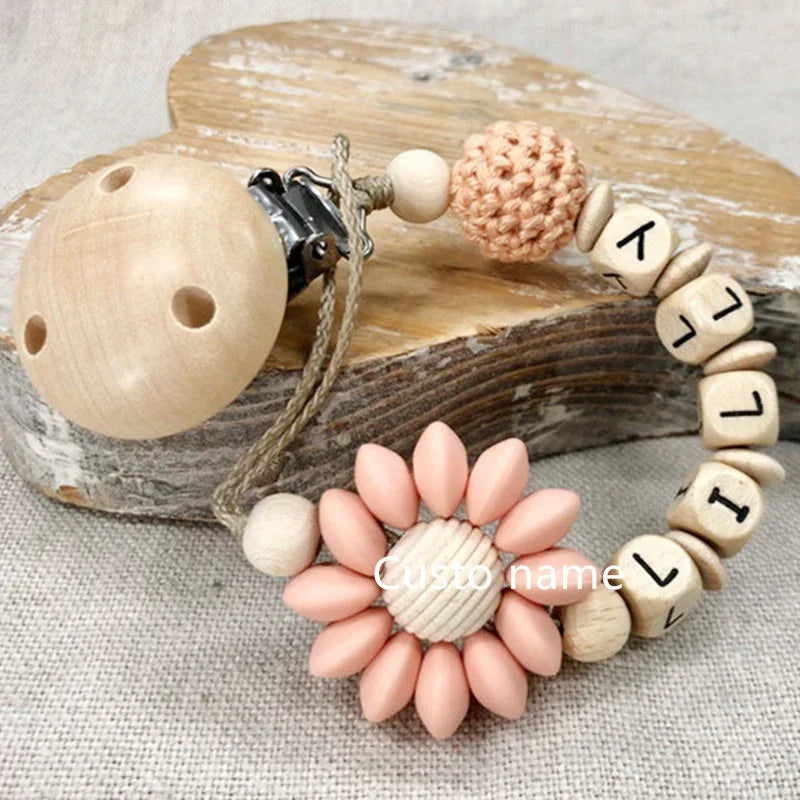 Baby Custom Name Silicone Beads Flower Ring Pacifier Clips Safe Teething Chains Teether Eco-friendly Dummy Beech Clips Holder