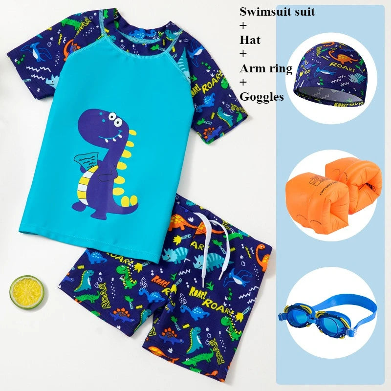 2025 Kids Boys Girls Swimwear Set Clothes Children Cartoon Print Separates Matching Summer Beach Vacation Outfit Casual Wear