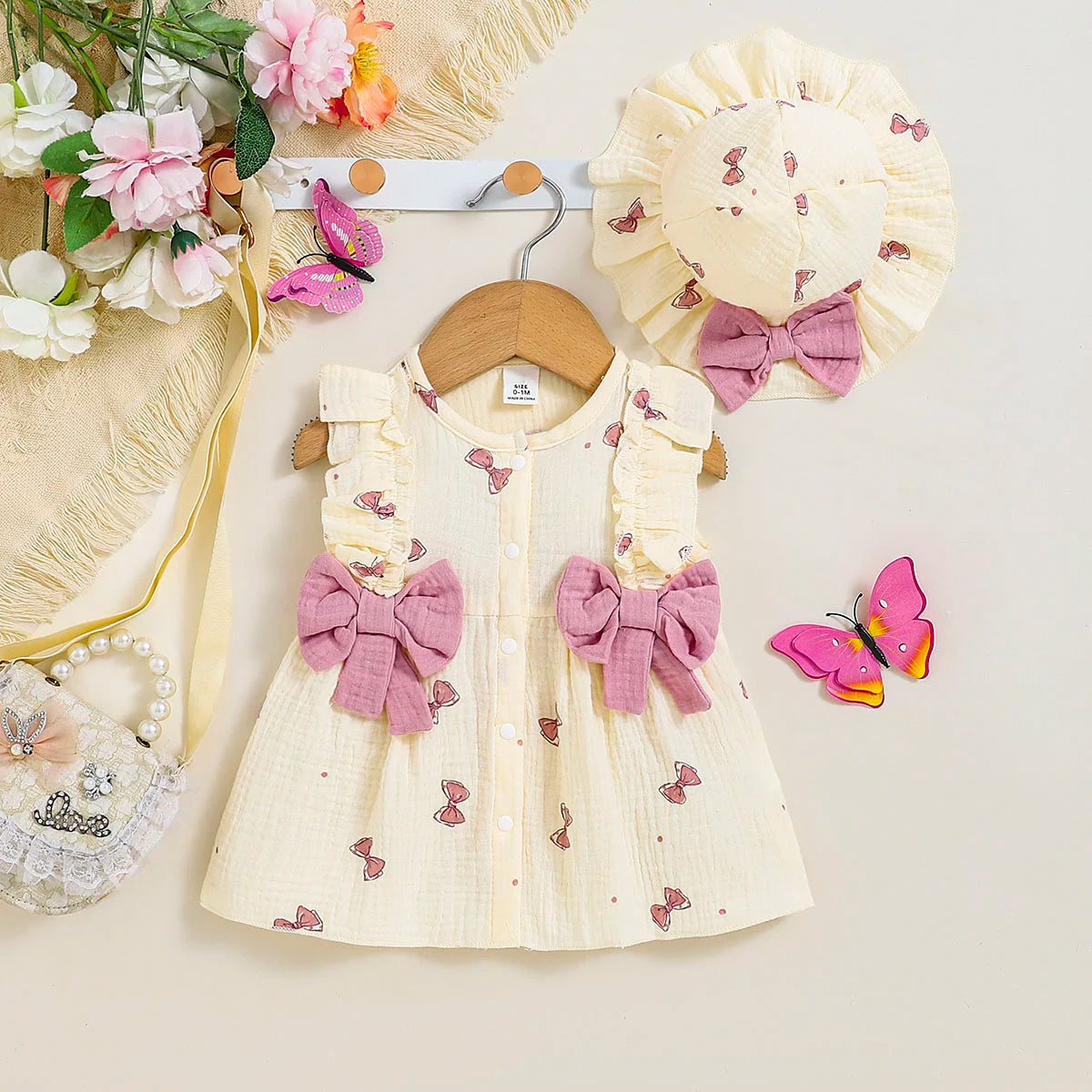 2Pcs Baby girl Dress Round neck Bow print Ruffle Edge Dress+Hat Set suitable for Giving to 0-9 Month Baby girl Newborn Dress