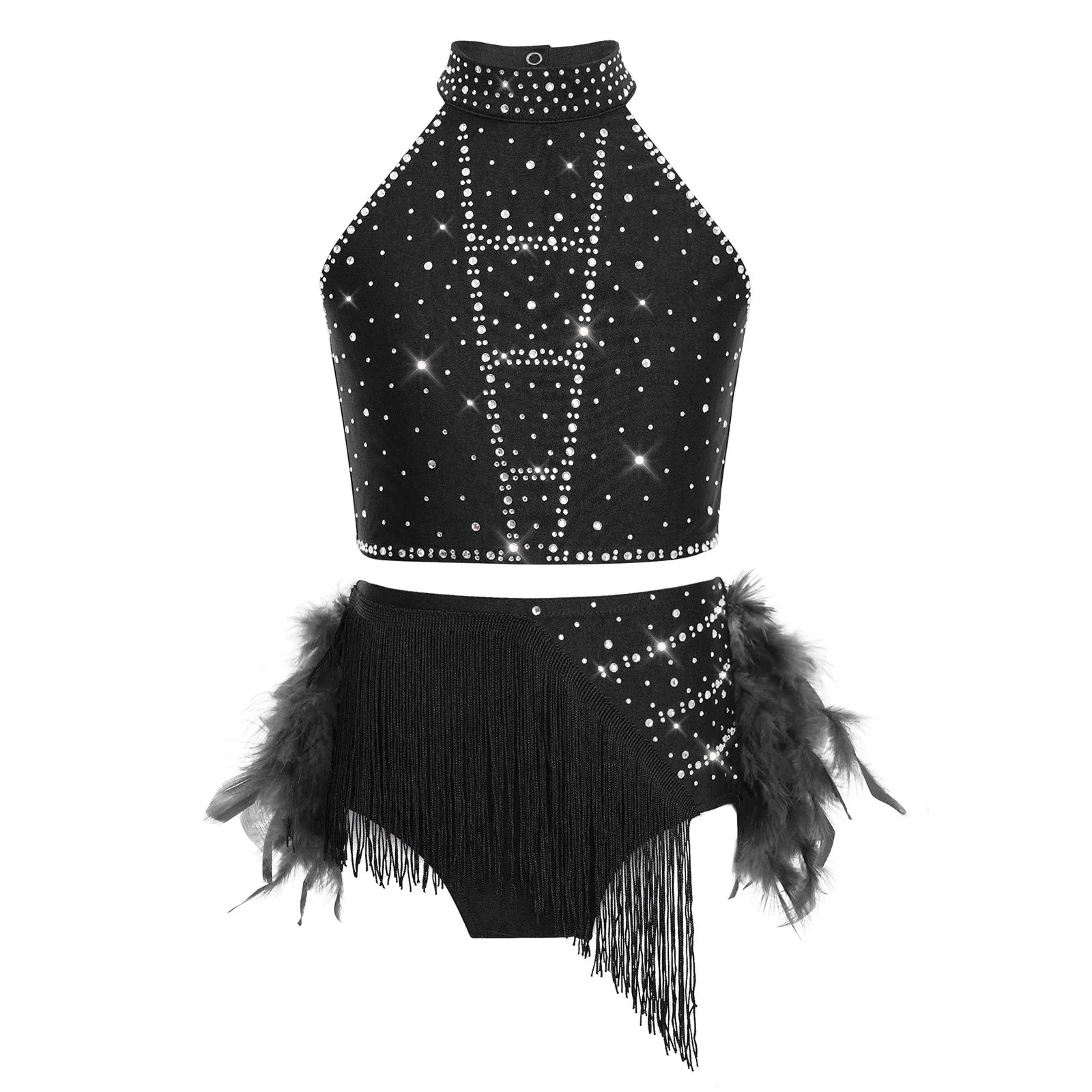 Kids Girls Ballet Samba Rumba Dance Outfits Latin Dance Performance Costume Crop Top with Tassels Feather Skirt Dance Wear