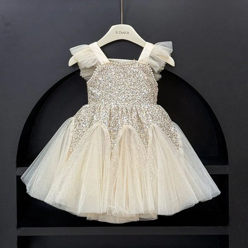 Kids Girl Clothes Sequined Flying Sleeves New Summer Party Dresses For Girls Elegant Mesh Vest Skirt Princess Dress Evening Prom