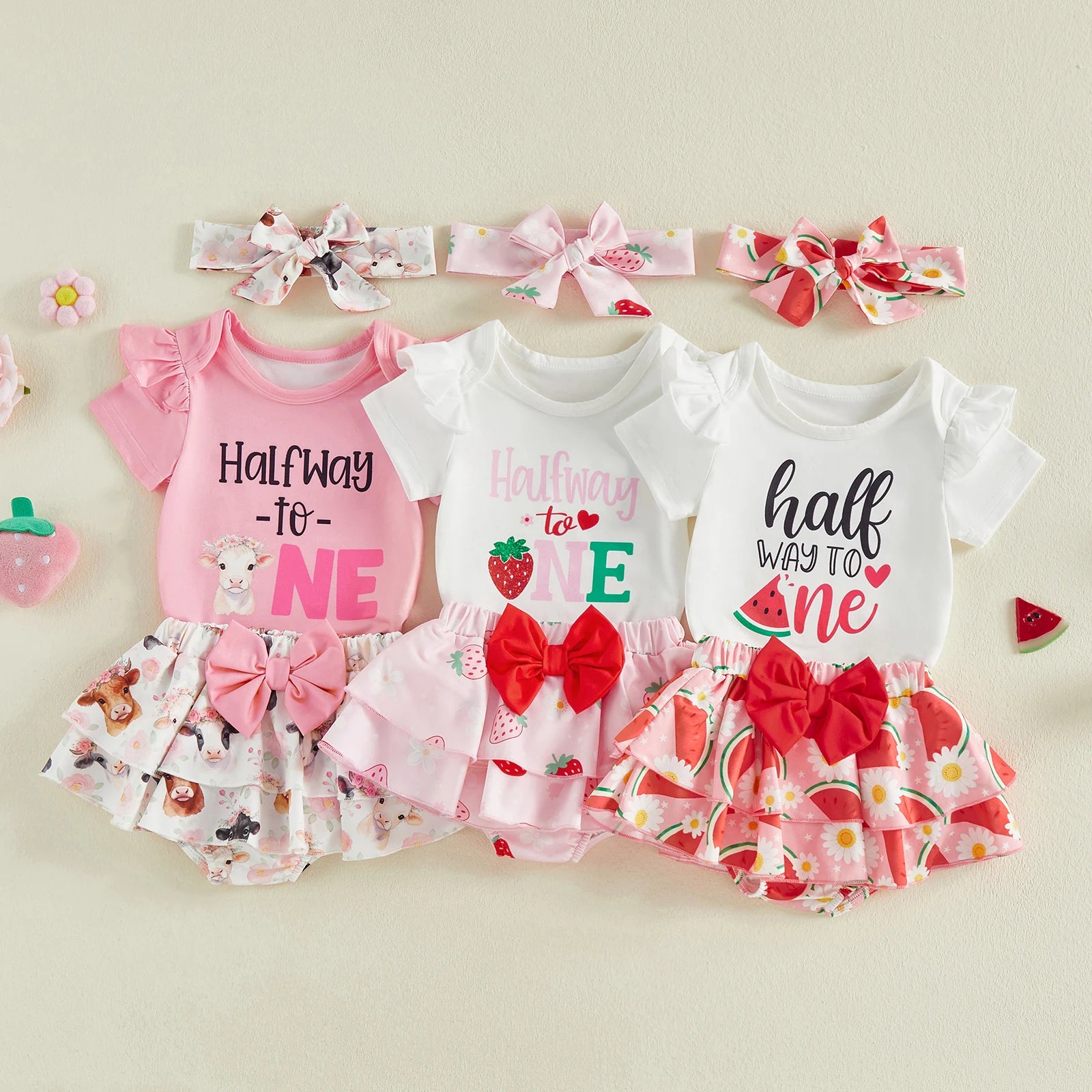 Summer Infant Girl Birthday Outfit Ruffle Short Sleeve Letters Print Romper Elastic Waist Skorts Headband Clothes