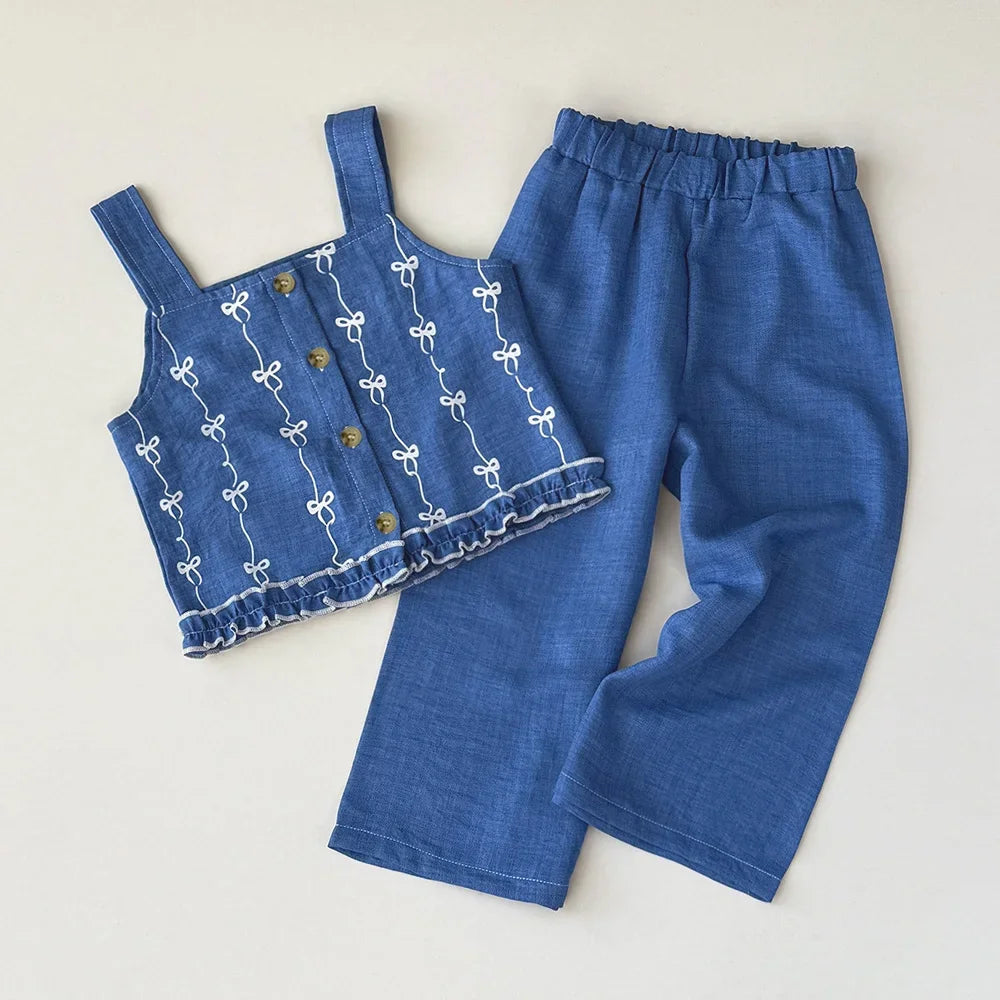 Summer New 2025 Baby Girls Suits Imitation Denim Bow Print Sleeveless Tops and Pants Two-piece Set Casual Children Clothing