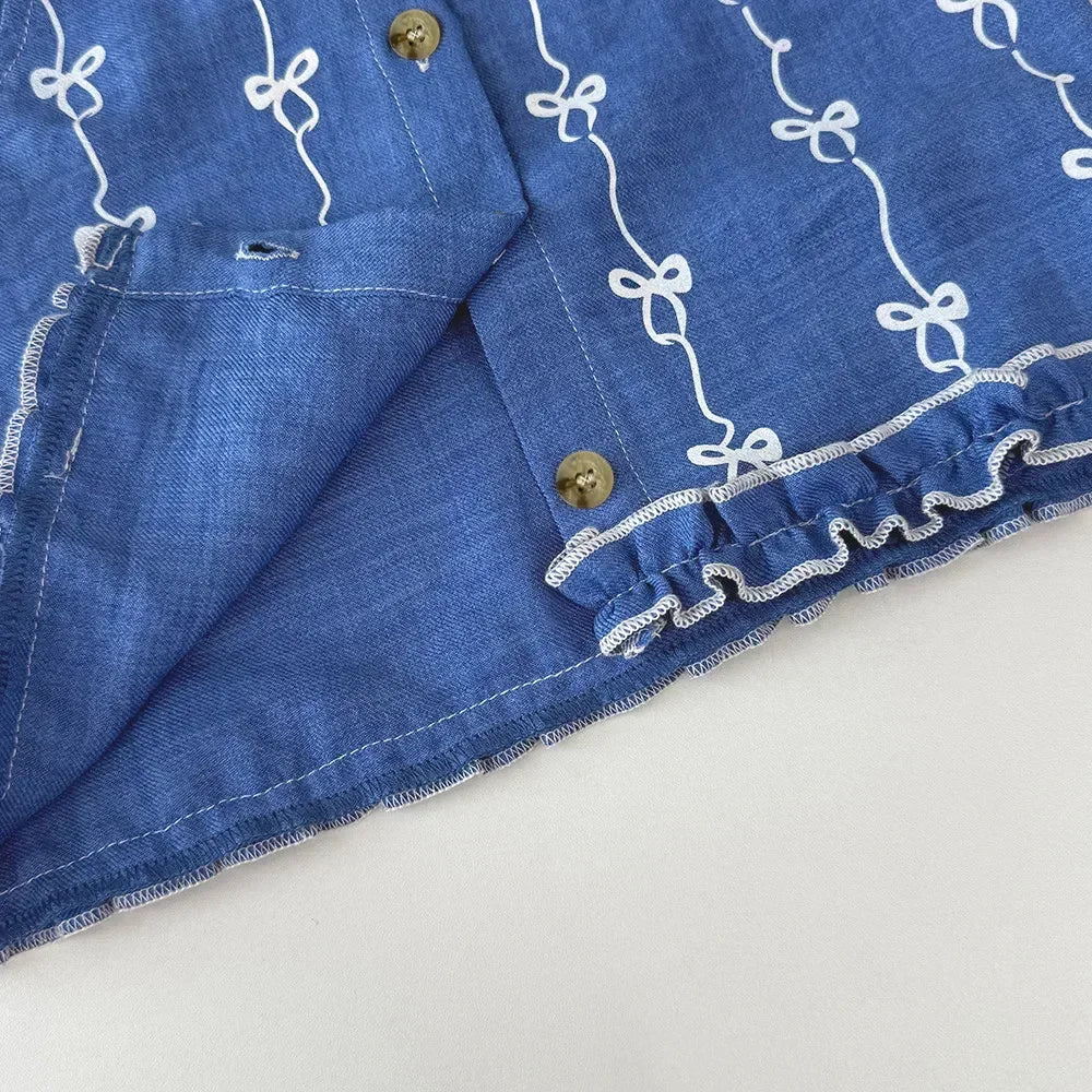 Summer New 2025 Baby Girls Suits Imitation Denim Bow Print Sleeveless Tops and Pants Two-piece Set Casual Children Clothing