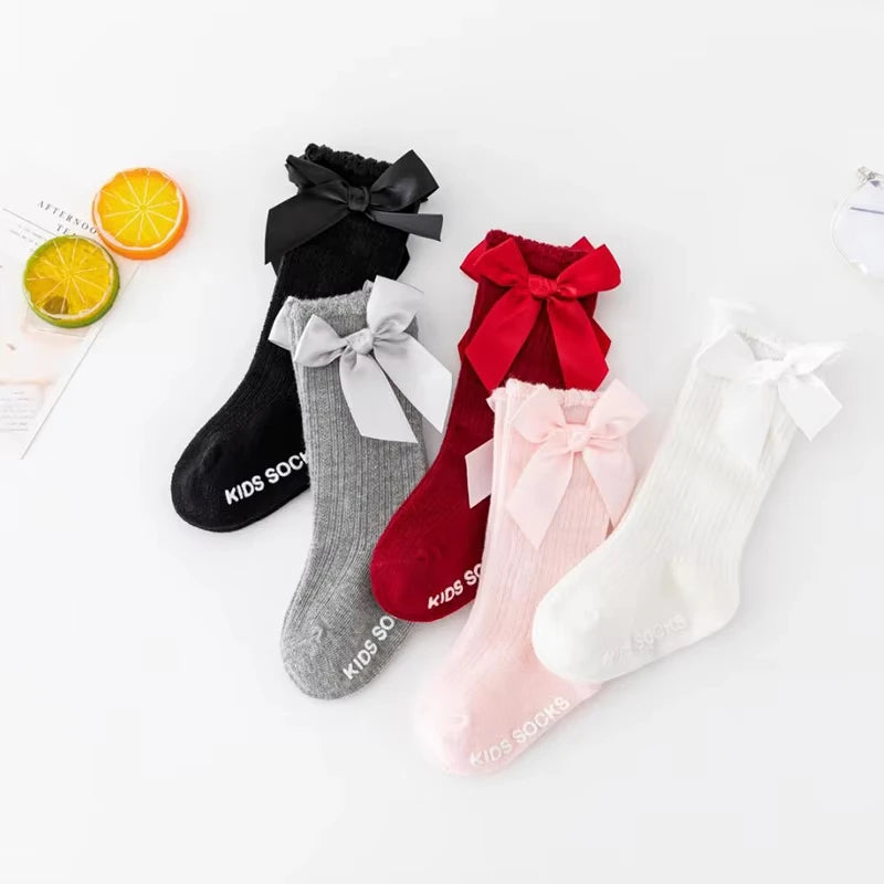 Bow Baby Long Socks Spring Autumn Kids Knit Stockings Non-slip Princess Girls Knee High Sock Solid Cotton Newborn Footwear 0-3Y