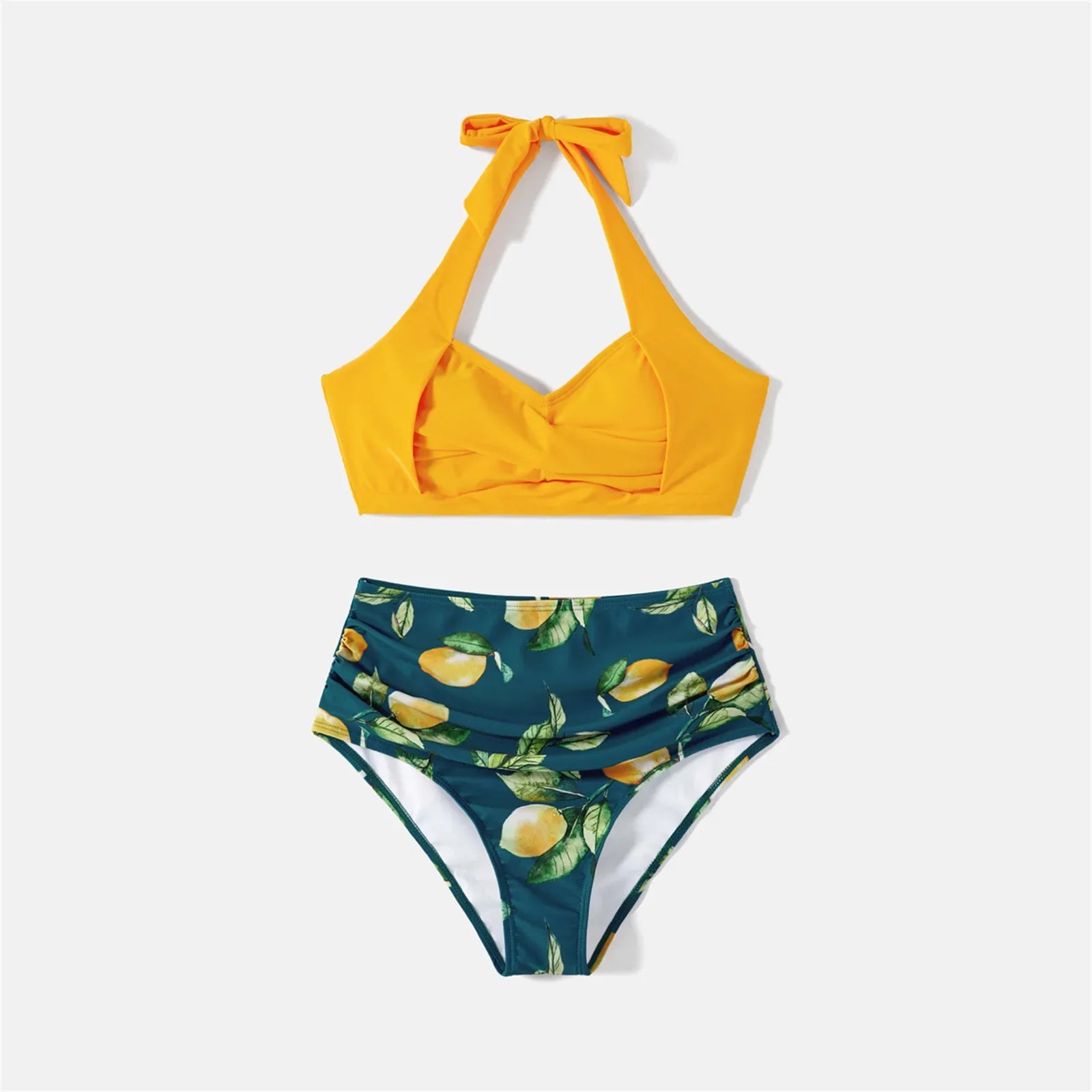 PatPat Family Matching Allover Lemon Print and Solid Halter Neck Two-piece Swimsuit or Swim Trunks Shorts Suitable for Summer