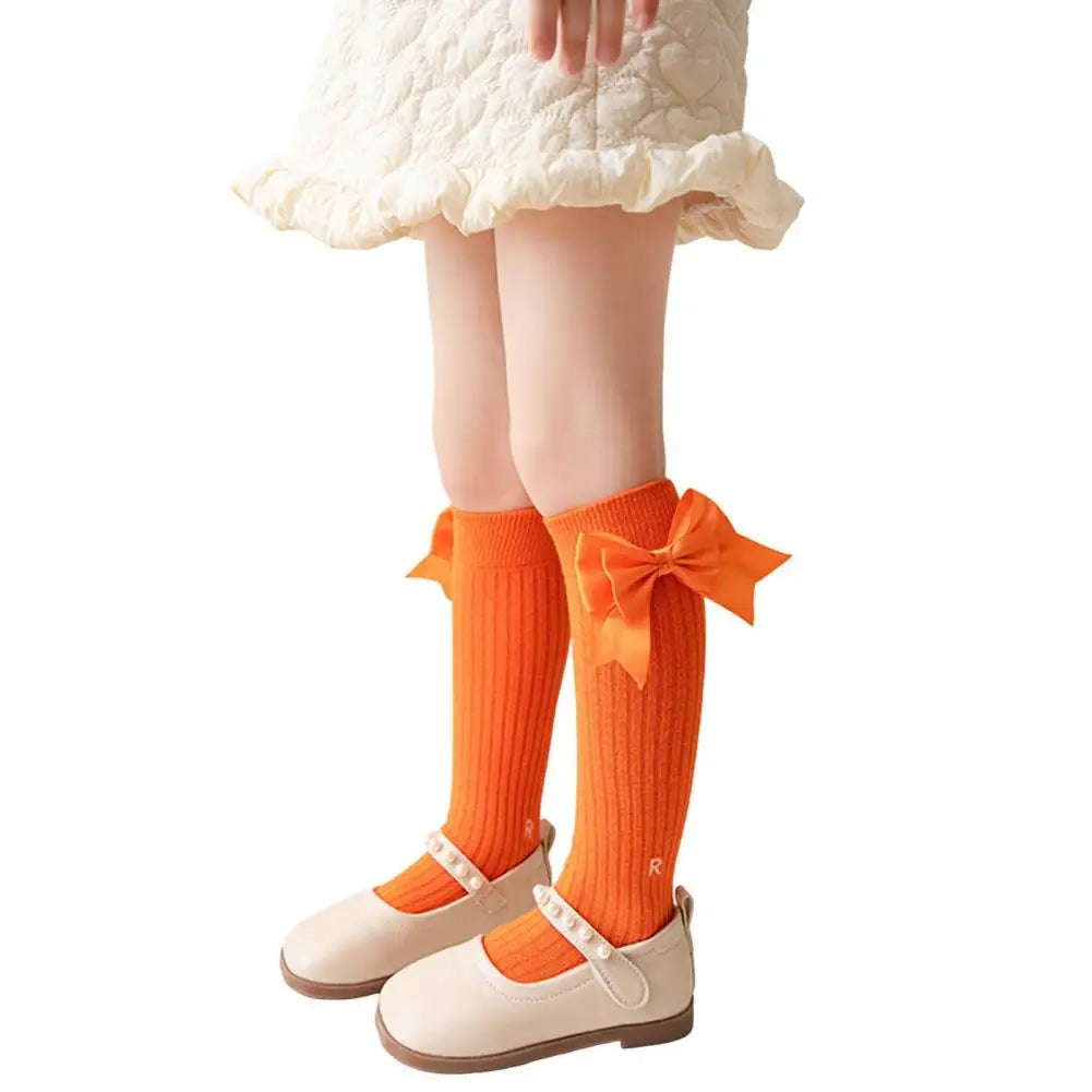 Cute Cartoon Kids Stockings Bow Knee High Cotton Socks Cotton Long Socks Breathable Mid-Calf Socks for Toddler 3-12Y