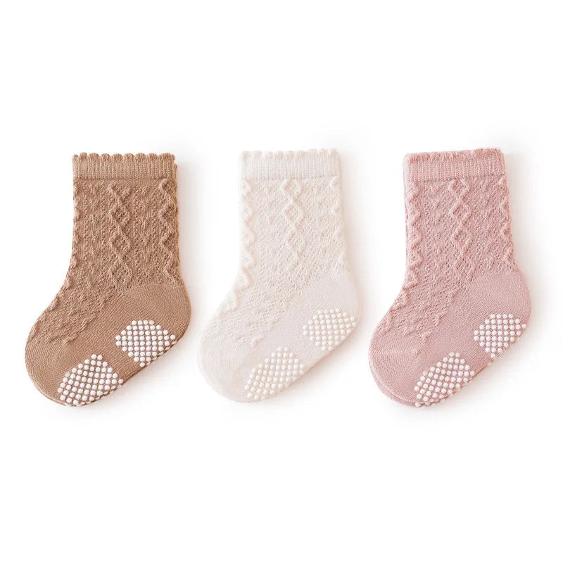 3 Pairs/lot Four Seasons Toddler Baby Anti-slip Socks for Newborns Cute Solid Color Cotton Non Slip Boys Girls Floor Socks 0-8Y