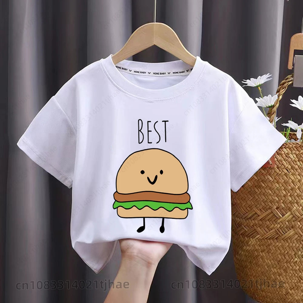 Funny Best Friend Twins Kids T-shirt for Baby Sandwich and Hamburger Food Tshirt Casual Shirt Tops Twins Brother Sister Tees