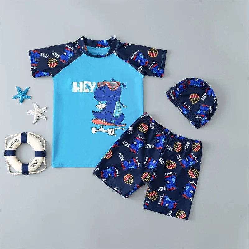 Summer New Beach Play Boys And Girls Neutral Swimsuit Suit Top + Pants + Swimming Cap Casual Cute Print Three-piece Set