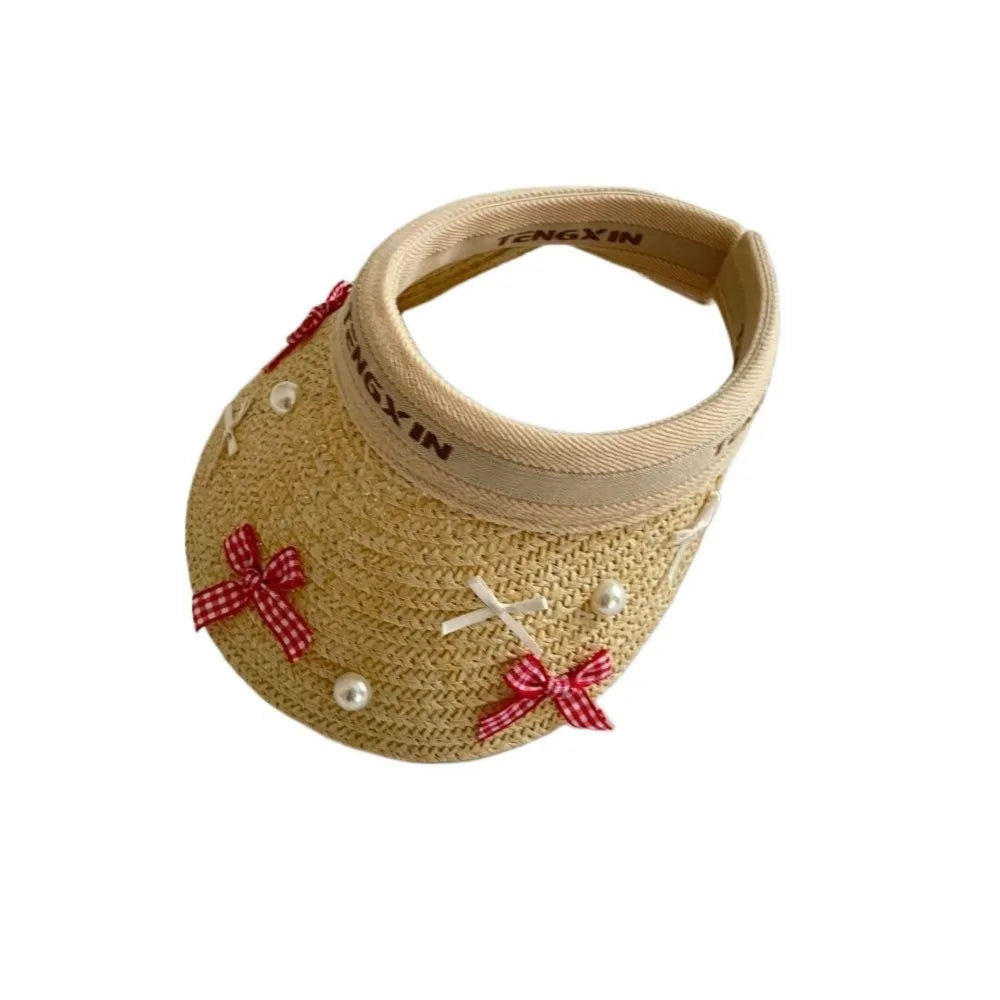 Bowknot Kids Summer Straw Hat Wide Brim UV Protection Large Brim Sun Visor Cap Comfortable Breathable Empty Top Baseball Cap