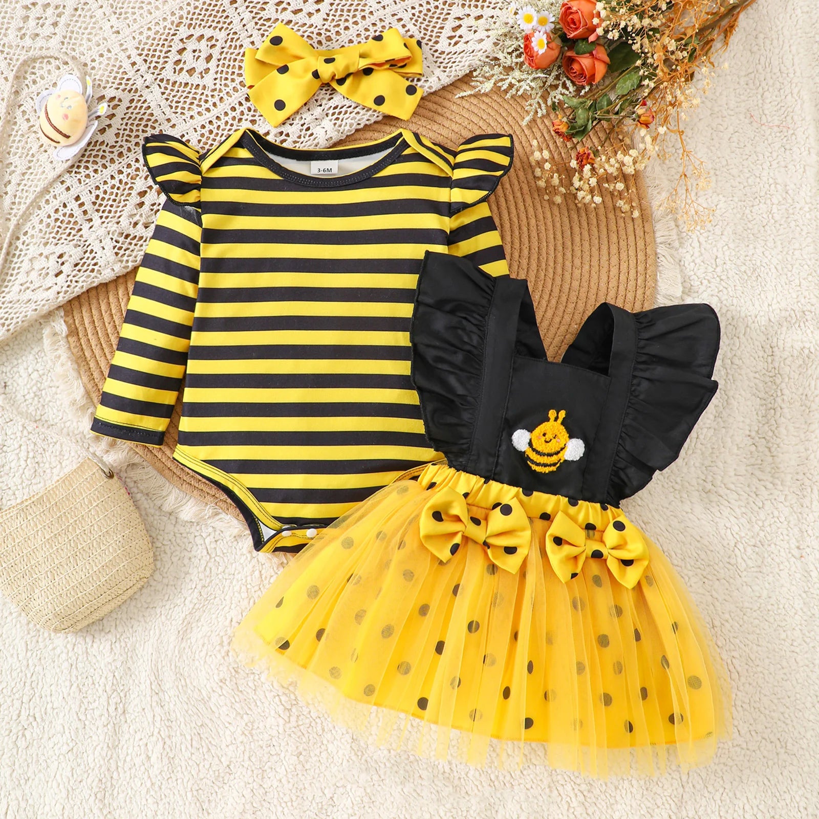 Baby Girl Outfits Long Sleeve Striped Romper Overalls Dress Headband Set Infant Bee Costume Clothes Set