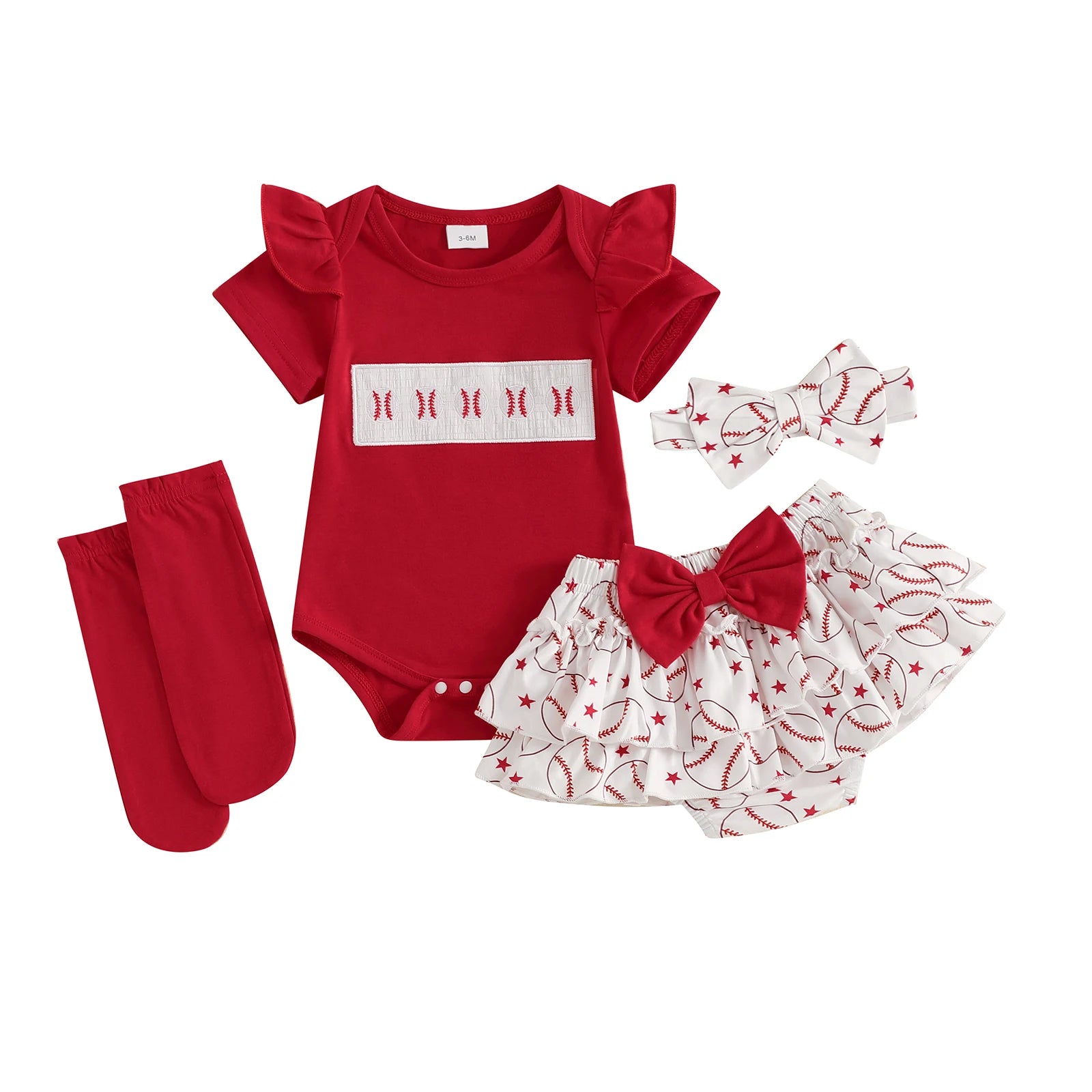 BeQeuewll New Sweet Baby Girl Summer Clothes 4PCS Newborn Outfit Star Baseball Short Sleeve Romper Skirt Socks Headband Kid Suit