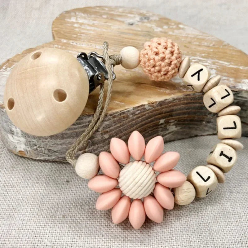 Baby Custom Name Silicone Beads Flower Ring Pacifier Clips Safe Teething Chains Teether Eco-friendly Dummy Beech Clips Holder