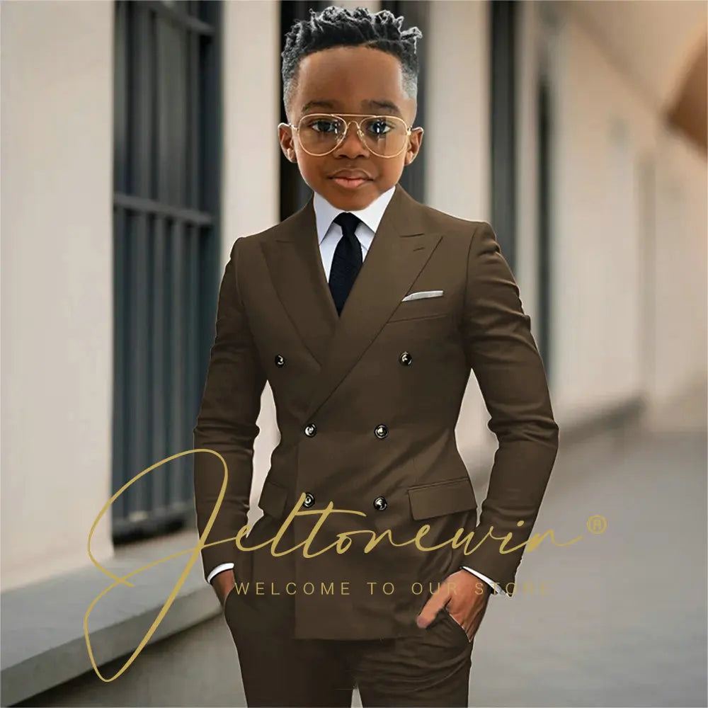 Boy's Beige Suit Set Double Breasted Blazer Pants 2 Pieces Classic kids Wedding Tuxedos Children Party Suits outfits