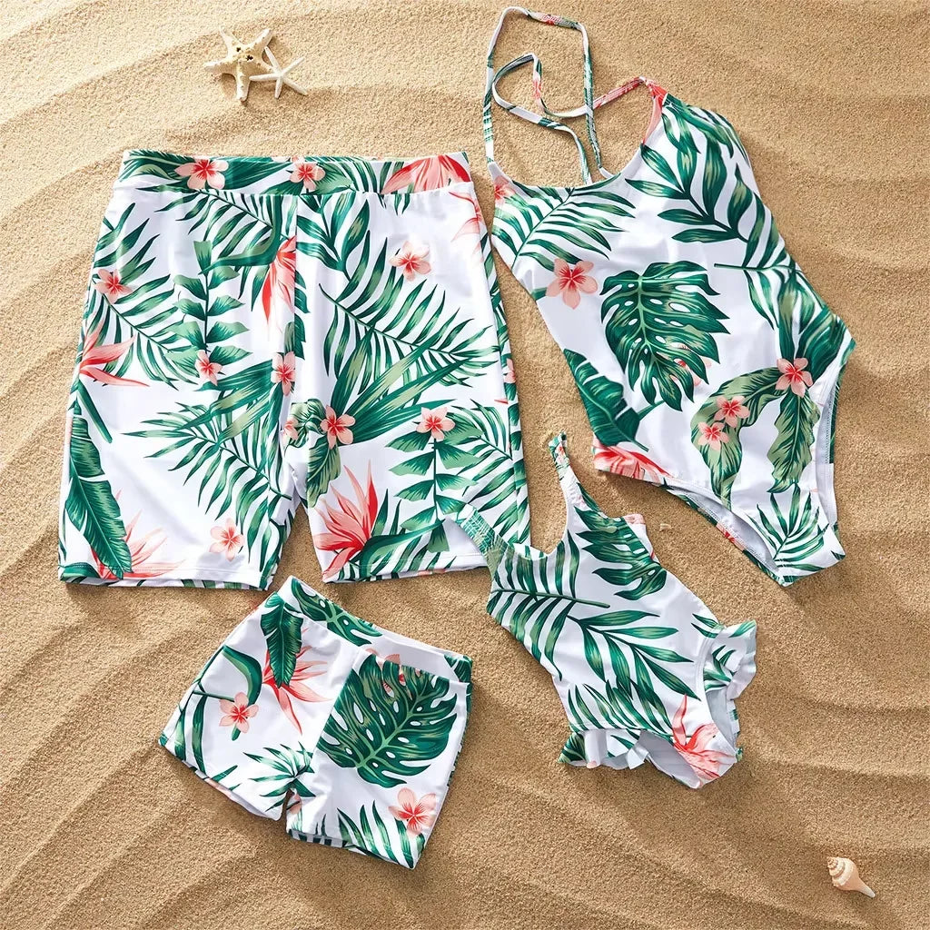 2025 Mommy and Me Clothes Father Son Swim Shorts Look One-Piece Mother Daughter Swimwear Leaf Swimsuits Family Matching Outfits