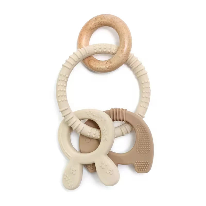 Baby Teething Toys Silicone Wooden Ring Teether BPA Free Cute Elephant Babies Chew Toy for Boys and Girls Newborn Gifts