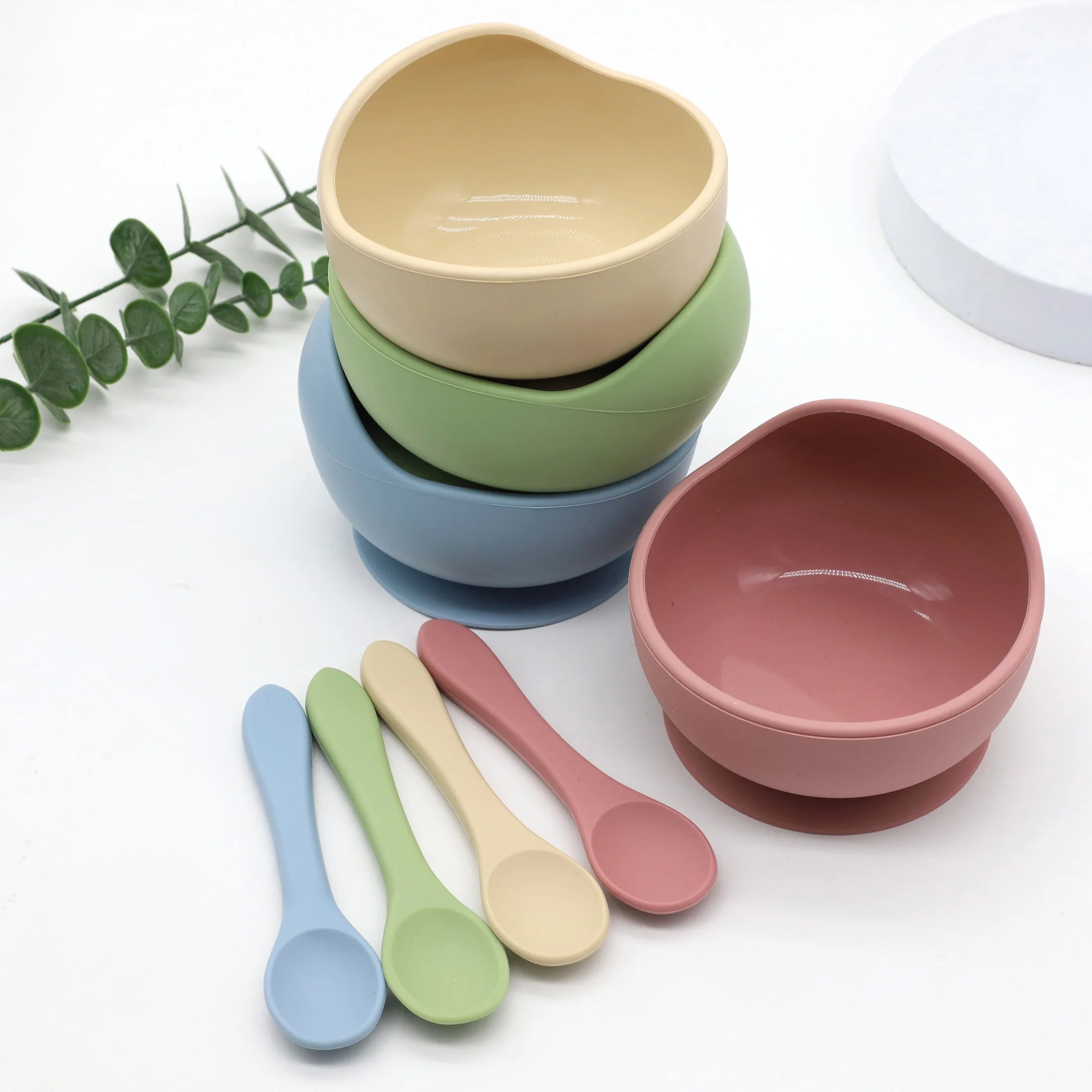 Baby silicone complementary food feeding bowl spoon set with suction cup for strong suction