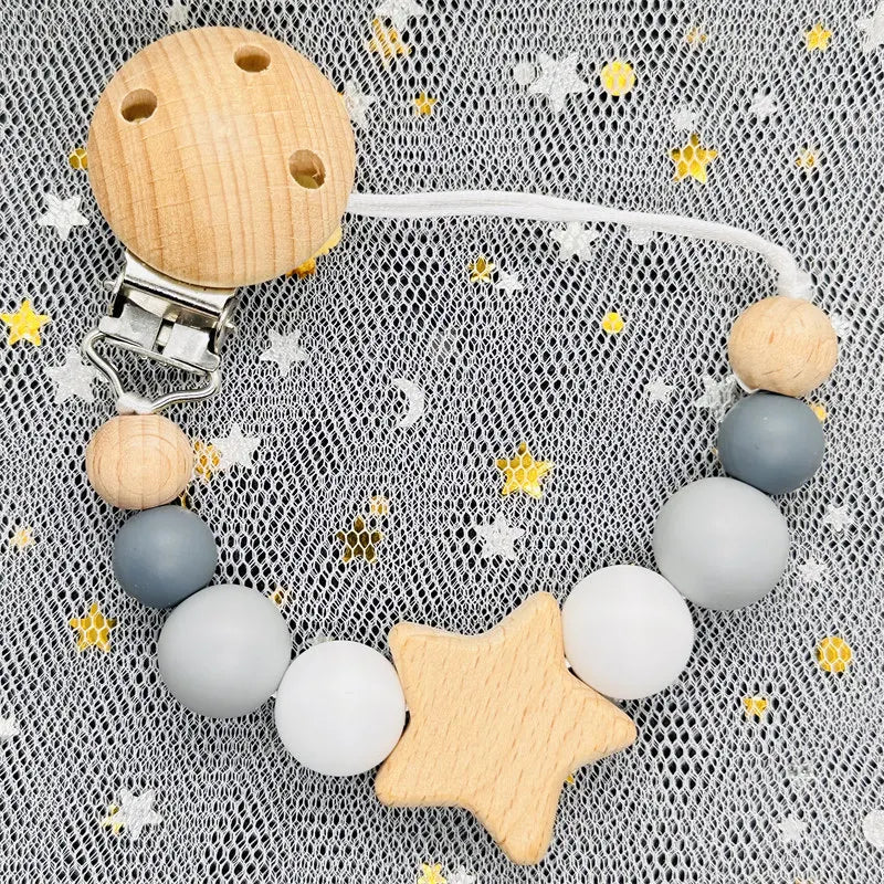 Custom Name Silicone Beads Wooden Ring Pacifier Clips Safe Teething Chains Baby Teether Eco-friendly Dummy Beech Clips Holder