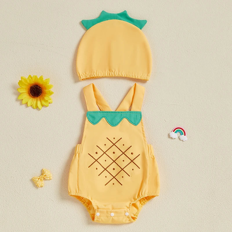 0-18months Baby boys girls Summer Bodysuit Fruit Overalls playsuit for  for infant girls boys with Hat 2-piece Romper Outfit