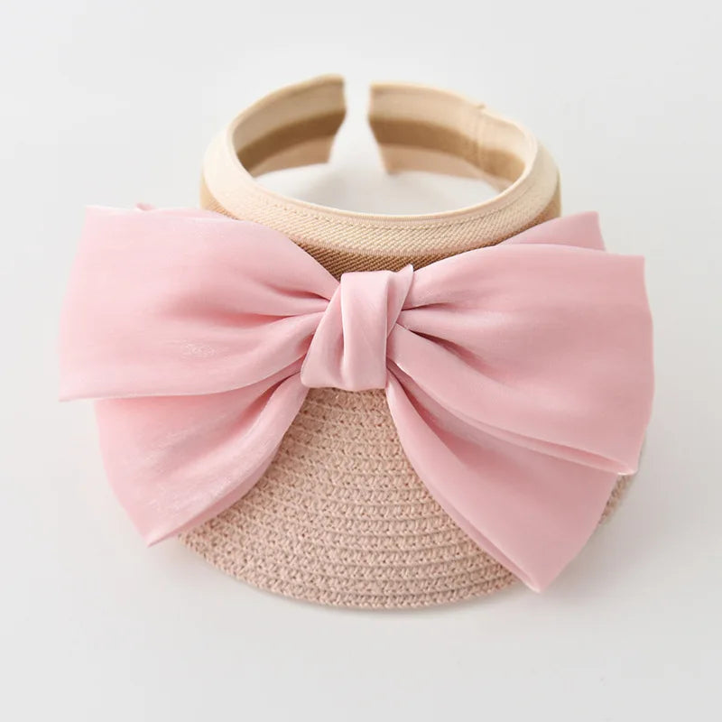 Fashion Ribbon Big Bow Kids Summer Empty Top Casual Sun Hat Outdoor Travel Beach Straw Caps Holiday Girls Wide Brim Visor Cap