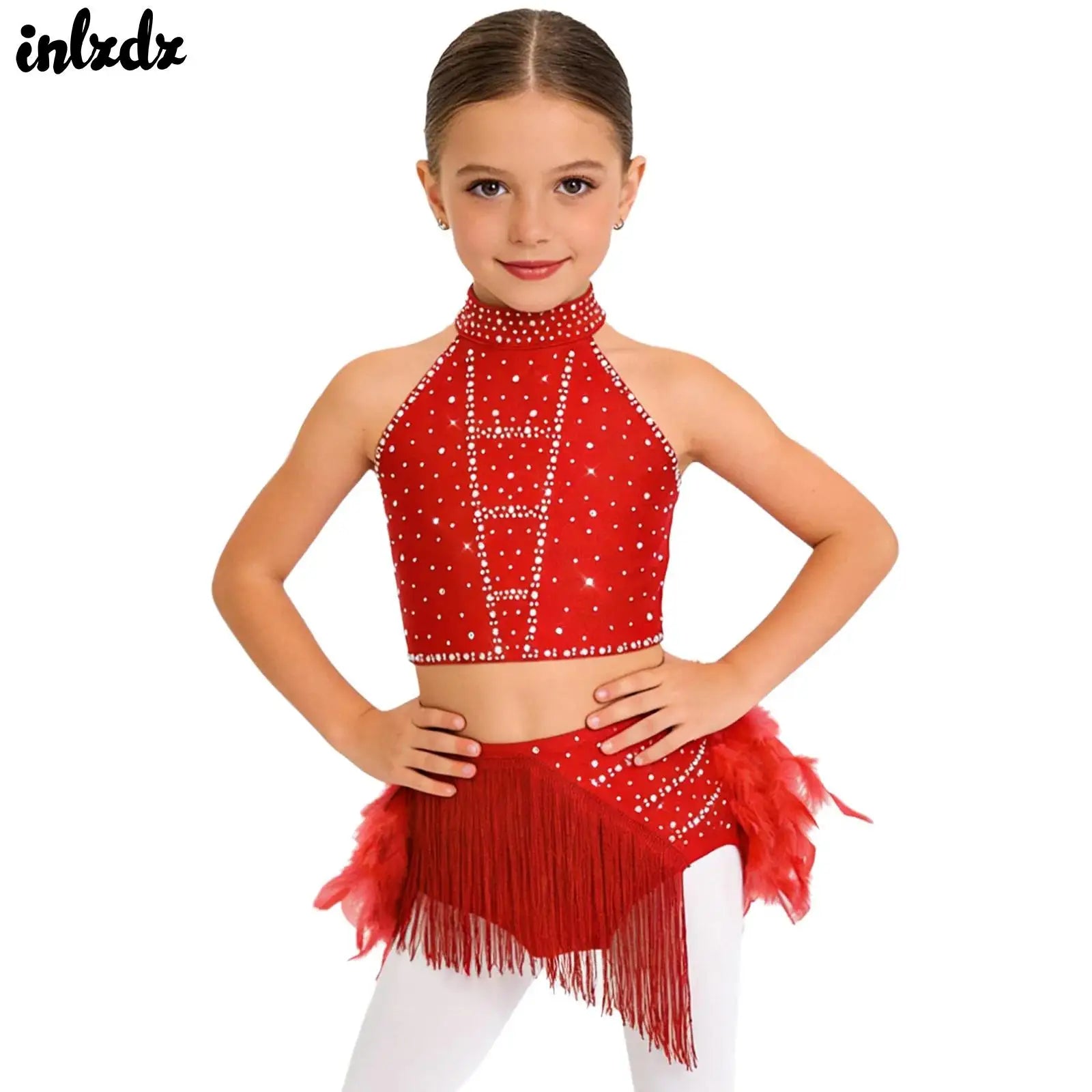 Kids Girls Ballet Samba Rumba Dance Outfits Latin Dance Performance Costume Crop Top with Tassels Feather Skirt Dance Wear