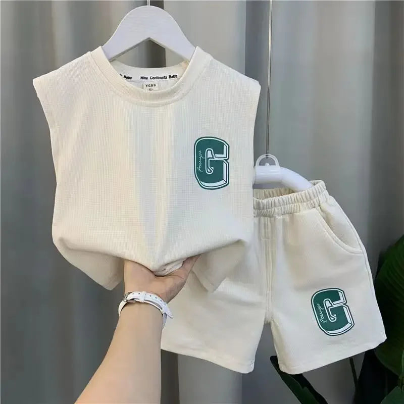 New Kids Boys Summer Vest Set New Fashionable Baby Net Red Clothes Boys and Children's Fashion Two Piece Set Kids Outfits