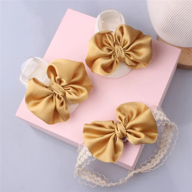 Baby Headband Socks Sets Sequin Bow Hairbands Pink Mesh Flower Newborn Boat Sock Princess Girls Headwear Kids Hair Accessories