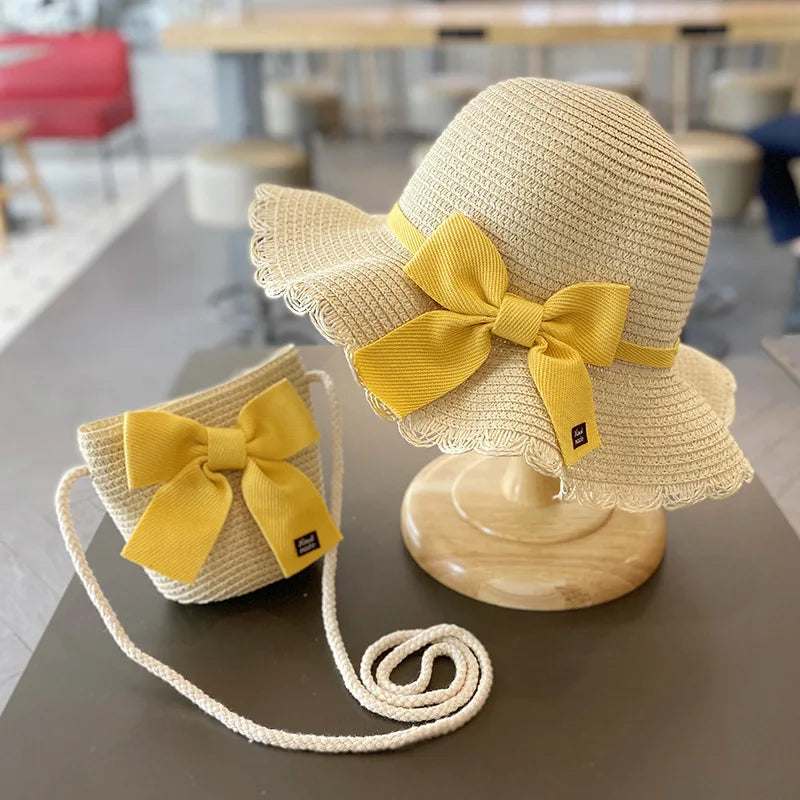 Summer Baby Girls Straw Hat And Shoulder Bag 2pcs Set Parent-child Wide Brim Lace Holiday Beach Sun Hats Outdoor Bucket Cap