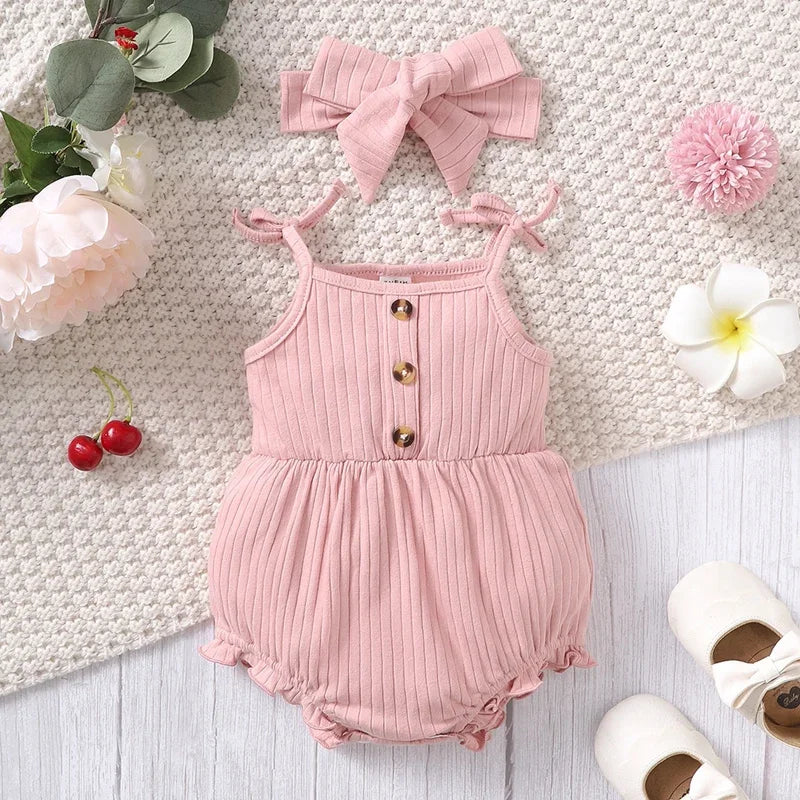 Newborn Baby Girl Bodysuit 0-9 Months Pink Cute Suspender Sleeveless Romper+Big Headband 2PCS Summer Clothes Set for Infant Girl