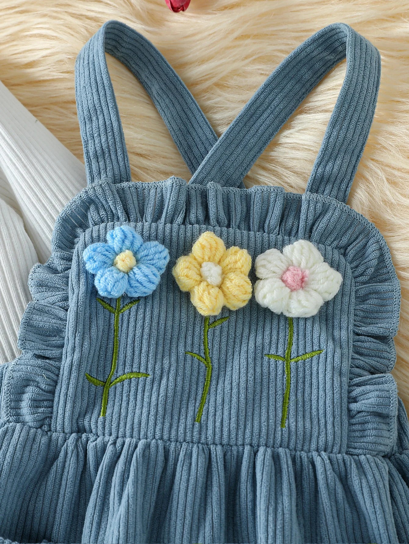 Baby Girls Autumn Outfit Long Sleeves Rompers and Crochet Flowers Suspender Skirt 3 Piece Cute Casual Clothes Set +Headband