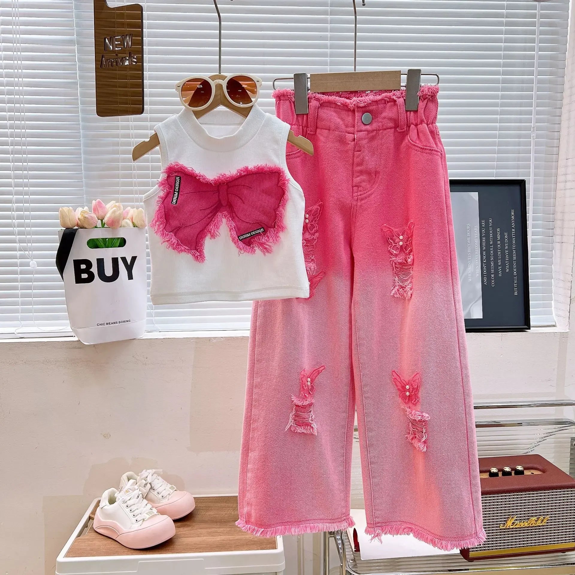 2025 Summer Girls' Clothing Set Fashion Children's Sleeveless Vest Top+ Ripped Pink Jeans Two-piece Set Baby Girls Clothes