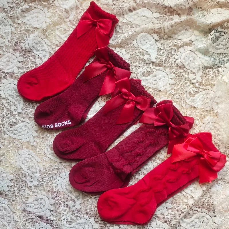 Baby's Christmas Red Socks Sweet Big Bows Knee High Princess Sock for Infant Holiday Atmosphere Cotton Mesh Breathable Long Sock