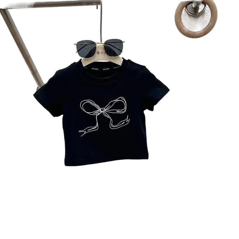 Summer Childrens Girls Clothing Sets Printed Bow Short Sleeve Top Jeans Suit Kids Girls 2pcs Sets 2-8 Years Girls Outfits