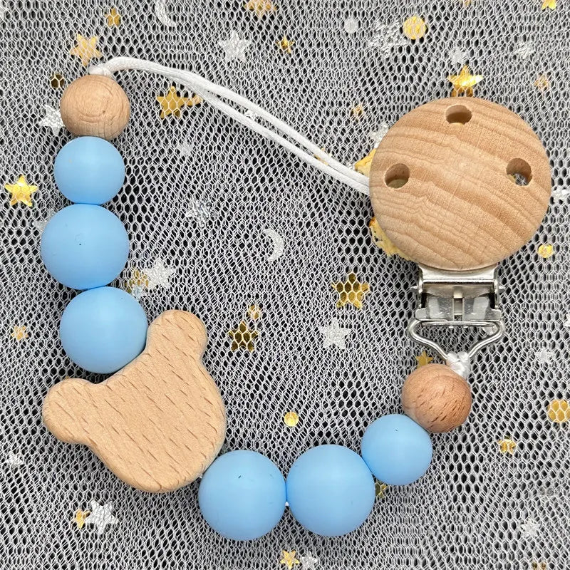 Custom Name Silicone Beads Wooden Ring Pacifier Clips Safe Teething Chains Baby Teether Eco-friendly Dummy Beech Clips Holder